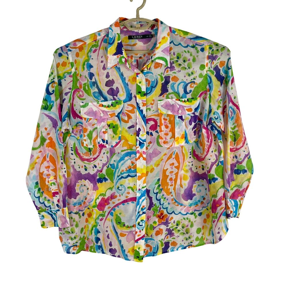 Lauren Ralph Lauren Watercolor Paisley Cotton Silk Button Front Shirt Women's 2X - Picture 1 of 8